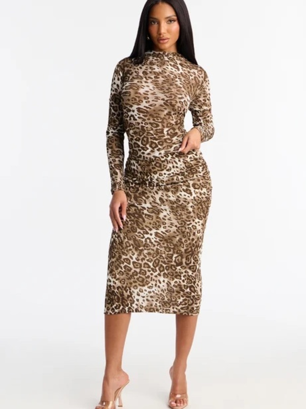 Leopard Print Long Sleeve Midi Dress - Brown